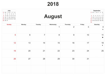 2018 monthly calendar with white background.