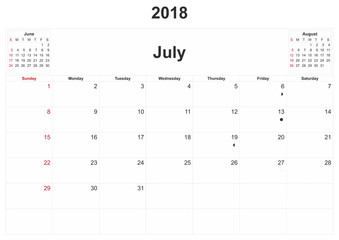 2018 monthly calendar with white background.