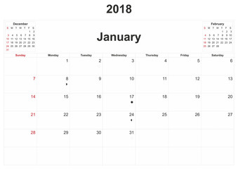 2018 monthly calendar with white background.