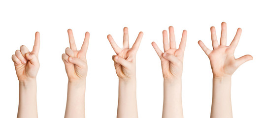 Set of child hands showing figures, counting
