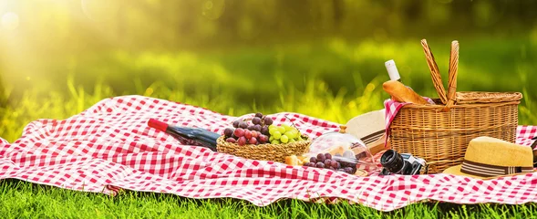 Keuken foto achterwand Picknick Picknick op een zonnige dag met rode druiven en wijn