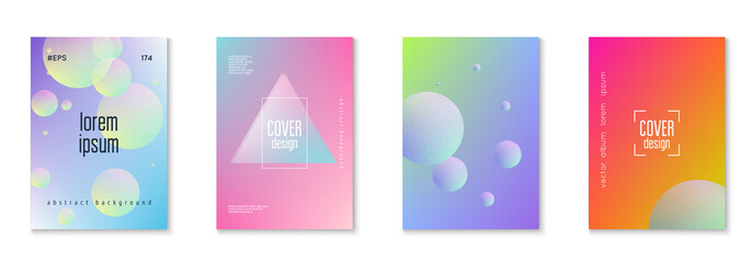 Holographic cover set with radial fluid. Geometric shapes on gradient background. Modern hipster template for placard, presentation, banner, flyer, brochure. Minimal holographic cover in neon colors.