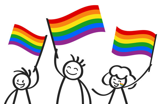 Unterstützer der LGBTQ Community schwenken Regenbogenfahnen, glückliche Strichmännchen, Demonstration, Protestmarsch