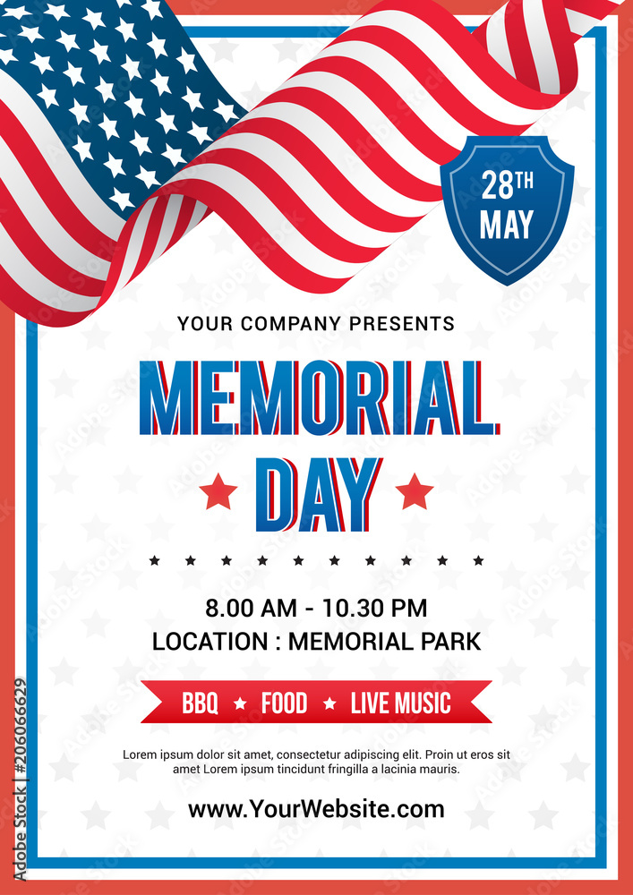 Wall mural memorial day poster templates vector illustration, usa flag waving with text on white star pattern b