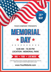 Memorial Day poster templates Vector illustration, USA flag waving with text on white star pattern background. Flyer design