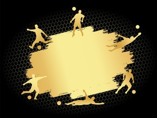 Soccer football stadium field with player silhouettes set on gold flat background. Poster template illustration. Championship cup modern isolated vector 1st place design concept
