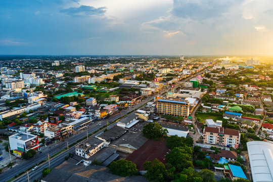 Aerial view of Nakhon Ratchasima city or Korat at sunset, Thailand