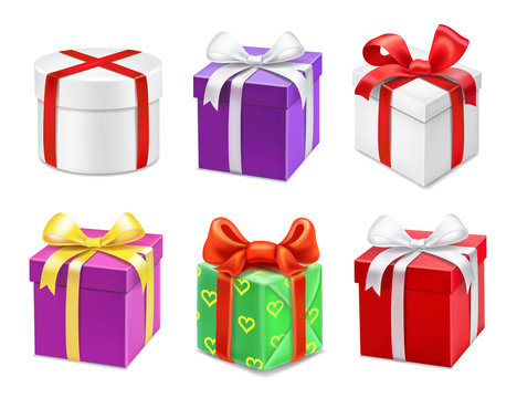 Colorful gift boxes with bows and ribbons. Vector icons set.