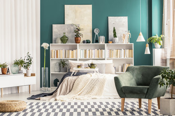 Bedroom with white scandinavian furniture