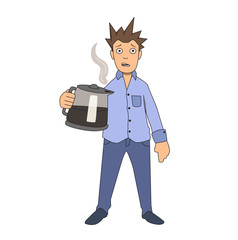 Coffee addiction. Edgy guy clutching onto big coffee pot. Vector illustration. Isolated on white background.
