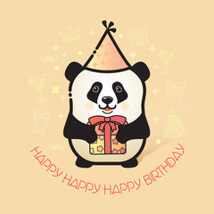 Cute bear panda holds a gift. Happy Birthday card.
