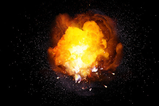 Realistic fiery bomb explosion with sparks and smoke isolated on black background