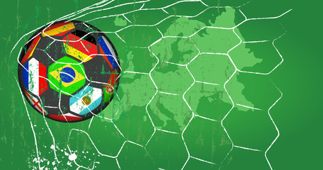 Naklejka premium Soccer ball w. flags of top national teams in goal net , grungy style vector.