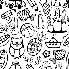 Black and white seamless pattern with characters and objects.