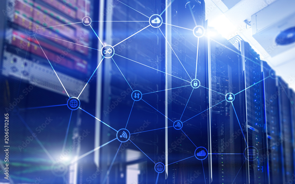 Poster telecommunication concept with abstract network structure and server room background.?
