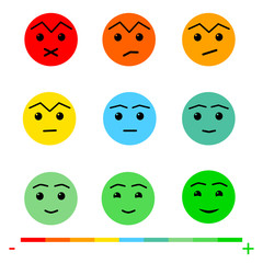 Nine Color Faces Feedback/Mood. Set nine faces scale - sad  neutral smile  - isolated vector illustration. Flat design. Vector illustration EPS10. 