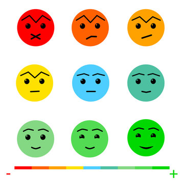 Nine Color Faces Feedback/Mood. Set nine faces scale - sad  neutral smile  - isolated vector illustration. Flat design. Vector illustration EPS10. 