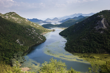 Panorama of a winding river with green mountains. Montenegro