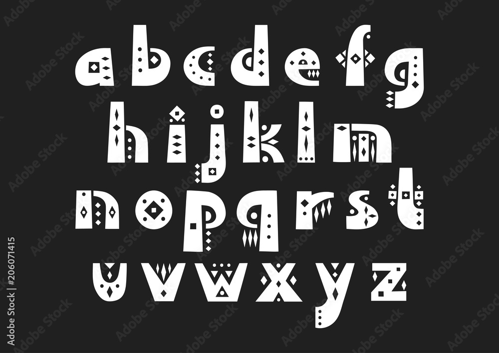 Poster vector display alphabet. set of lowercase patterned letters in african style.
