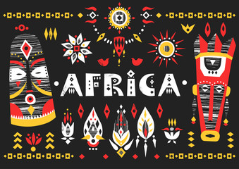 Hand-drawn poster with the African masks, flowers and lettering "Africa" on a black background.