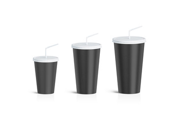 Blank black disposable cup straw mock up set isolated, 3d rendering. Empty paper soda drinking mug...
