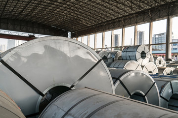 Fototapeta na wymiar Steel coils inside a factory