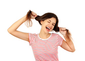 Crazy woman happiness, joy and positiveness concept. emotional girl isolated on white background