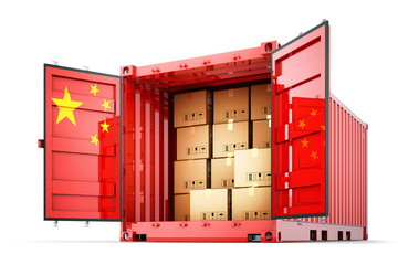 Freight transportation from China, shipment and shipping concept, open cargo container with Chinese flag full of cardboard boxes isolated on white background