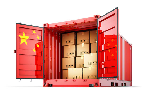 Freight Transportation From China, Shipment And Shipping Concept, Open Cargo Container With Chinese Flag Full Of Cardboard Boxes Isolated On White Background