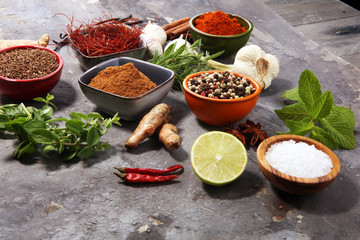 Spices and herbs on table. Food and cuisine ingredients.