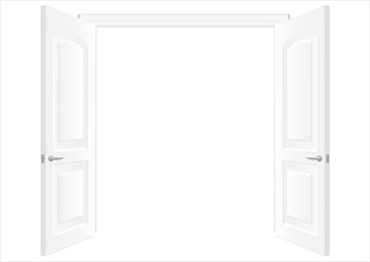 Obraz premium Open white double doors. Background in vector graphic. White wall