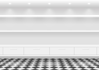 White shelves for the store or supermarket goods with chrome studs. Vector graphics