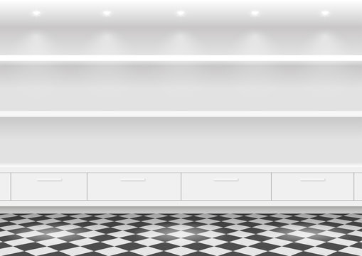 White shelves for the store or supermarket goods with chrome studs. Vector graphics