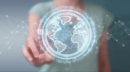 Businesswoman using globe network hologram with America Usa map 3D rendering