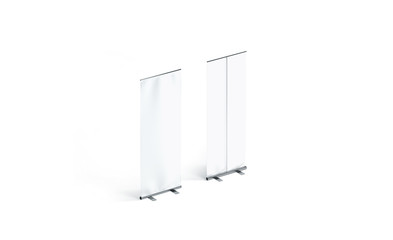 Blank white roll-up banner front and back side view display mockup, isolated, 3d rendering. Clear isometric rollup baner design mock up. Empty roller sign board template stand sideways