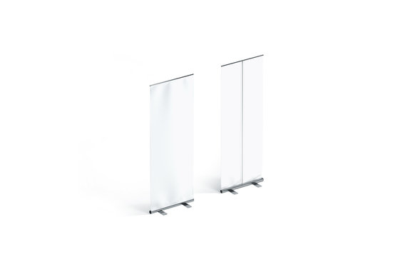 Blank white roll-up banner front and back side view display mockup, isolated, 3d rendering. Clear isometric rollup baner design mock up. Empty roller sign board template stand sideways