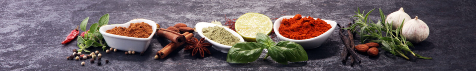 Spices and herbs on table. Food and cuisine ingredients.