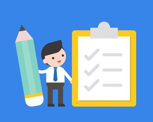 Businessman hold pencil with check list, flat design survey and to do list concept