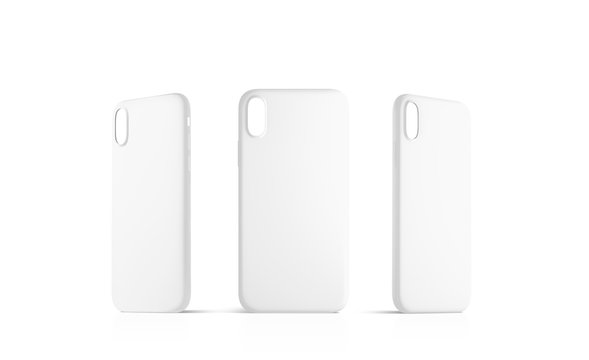 Blank white phone case mock up set, empty isolated, 3d rendering. Back, right and left side smartphone cover mockup ready for logo or pattern print presentation. Blank cellphone protector casing