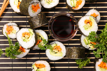 delicious sushi and soy sauce