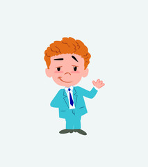 Businessman waving with a dreamy expression.