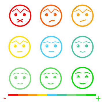 Nine Color Faces Feedback/Mood. Set nine faces scale - sad  neutral smile  - isolated vector illustration. Flat design. Vector illustration EPS10. 