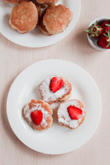 cottage cheese pancakes with strawberry on white table background. Breakfast or Lunch Concept. Top view