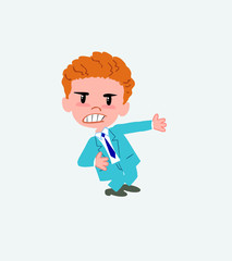 Businessman shows very angry something to his left.