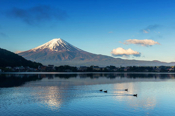 Mount Fuji at lake Kawaguchi at sunrise, Yamanashi,Japan. Fuji Mountain located on Honshu Island, is the highest mountain in Japan.