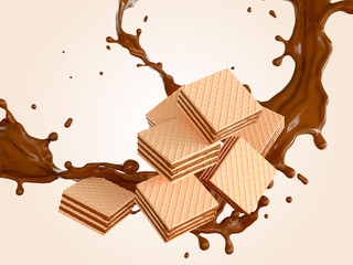 crispy wafer with chocolate Splash, with Clipping path 3d illustration.