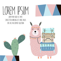 cute pastel greeting card with llama and cactus in scandinavian style