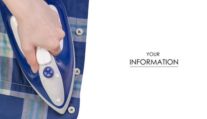 Iron in hand shirt pattern on white background isolation, top view