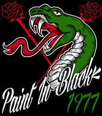 Ilustracion vector serpiente tattoo con color y textos, rosas en el interior
