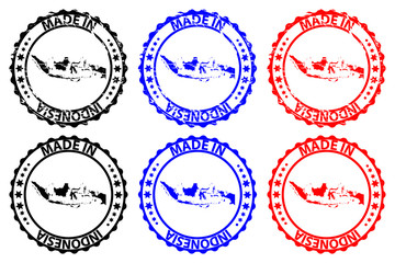 Made in Indonesia - rubber stamp - vector, Republic of Indonesia map pattern - black, blue and red